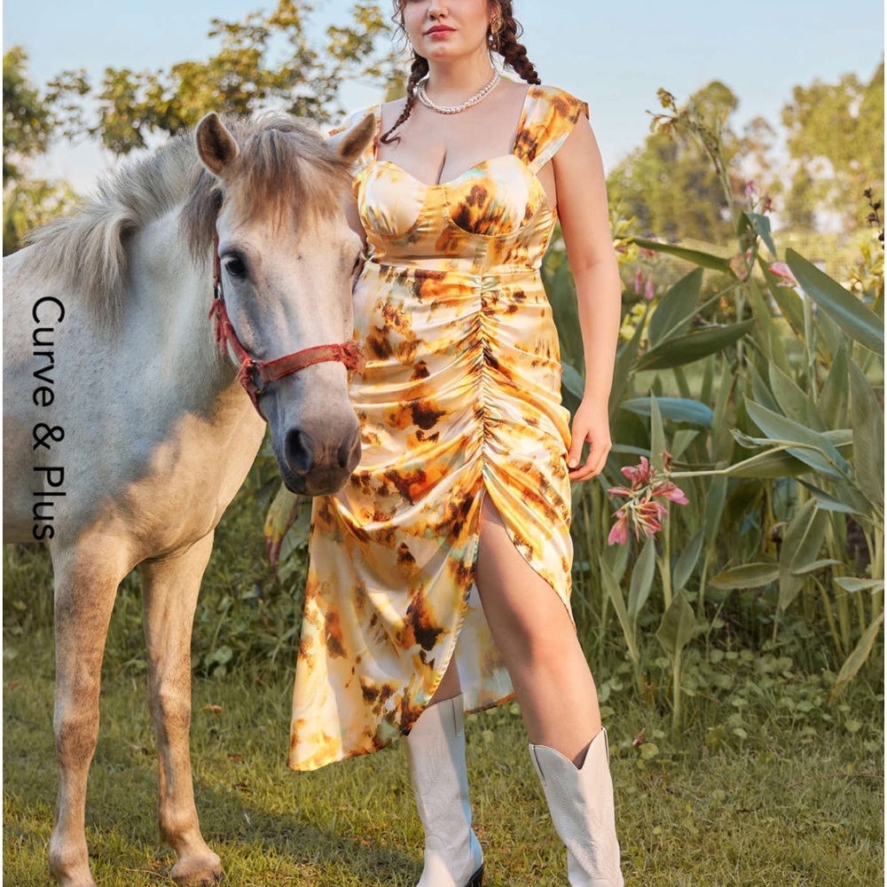 CIDER Illusion Tie Dye Ruched Midi Dress